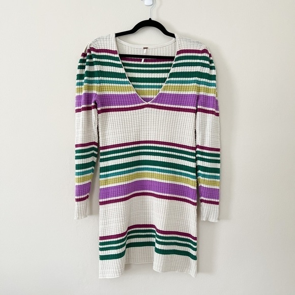FREE PEOPLE Sweater Striped Multicolor Knit Long Sleeve Dress Small - Picture 2 of 5